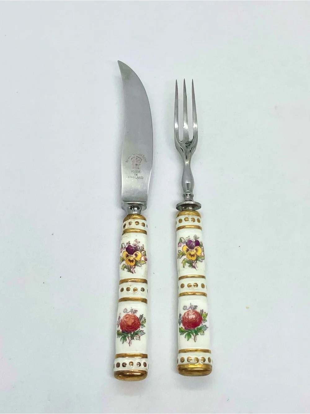 ⁠Royal Crown Derby Posies Fruit Knife Fork Set Gold Accents Porcelain Handle VTG